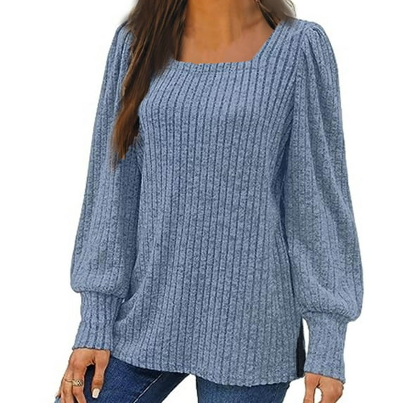 CQONEPT Womens Knit Sweaters Square Neck Long Sleeve Tunic Tops Ribbed Casual Fall Winter Pullover Tops Blue S