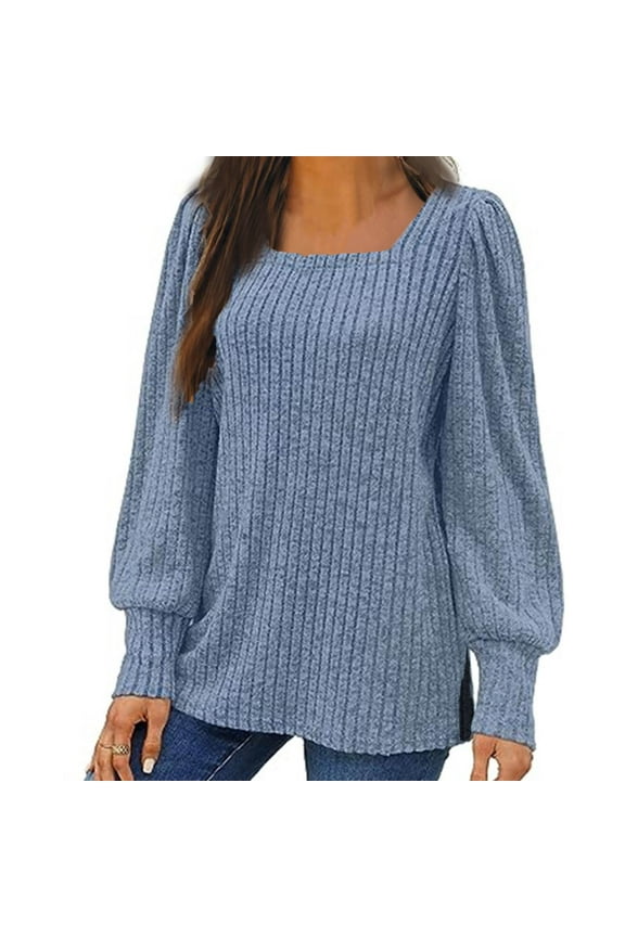 Womens Knit Sweaters Square Neck Long Sleeve Tunic Tops Ribbed Casual Fall Winter Pullover Tops Blue XL