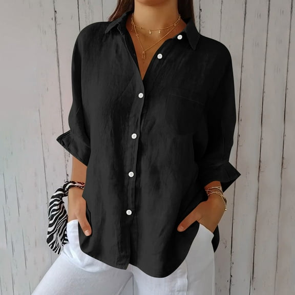 CQONEPT Womens Linen Cotton Blouse Lapel Neck Button Down Long Sleeve Shirts Button Down Casual Tunic Tops Black 2XL