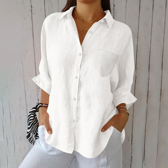 CQONEPT Womens Linen Cotton Blouse Lapel Neck Button Down Long Sleeve Shirts Button Down Casual Tunic Tops White M
