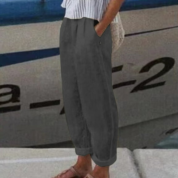 CQONEPT Womens Linen Cotton Pant Lightweight Casual Baggy Pant Elastic Waisted Outdoor Trousers with Pocket Dark Gray 3XL