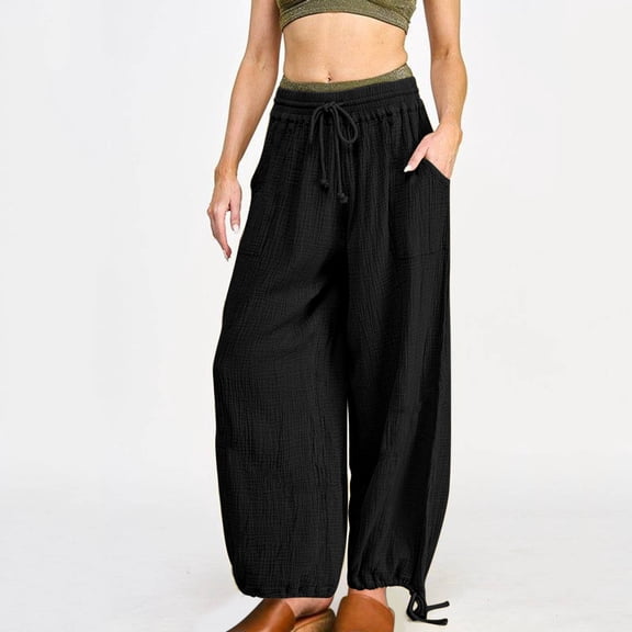 CQONEPT Womens Linen Cotton Pants Drawstring Wide Leg Lounge Pant Baggy Elastic Waist Outdoor Trousers with Pockets Black 2XL