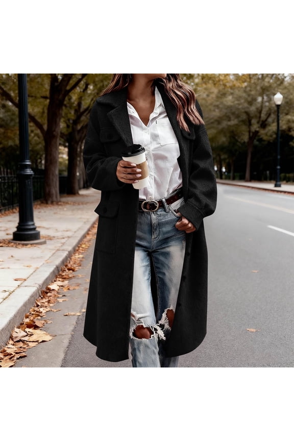 Womens Long Peacoat Open Front Notched Collar Trench Thicken Overcoat Trendy Classic Clothing with Pockets Black L