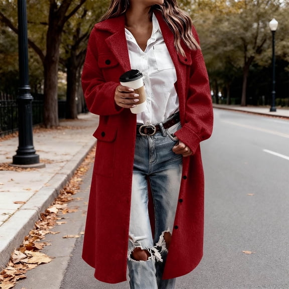 CQONEPT Womens Long Peacoat Open Front Notched Collar Trench Thicken Overcoat Trendy Classic Clothing with Pockets Red M