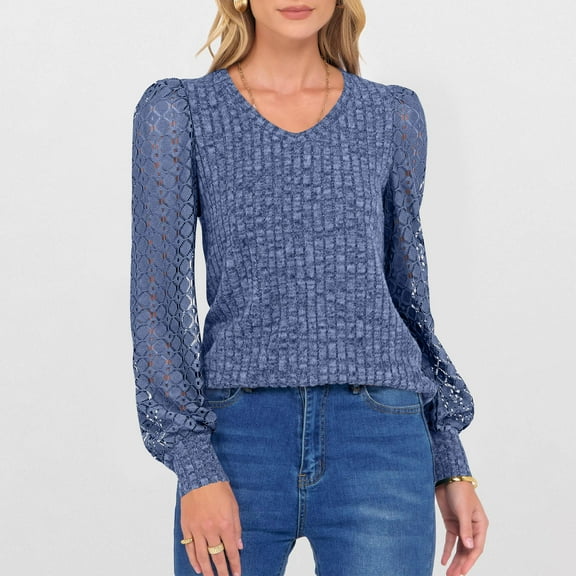 CQONEPT Womens Long Sleeve Knit Tops V Neck Palazzo Shirts Lounge Trendy Blouse Going Out Pullover Tops Blue XXL