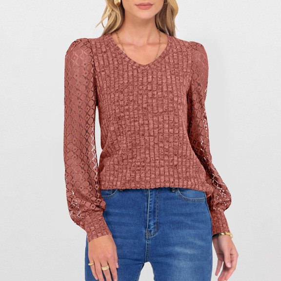 CQONEPT Womens Long Sleeve Knit Tops V Neck Palazzo Shirts Lounge Trendy Blouse Going Out Pullover Tops Watermelon Red XXL