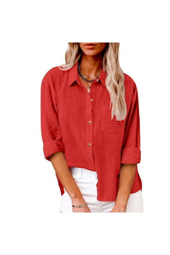 Womens Long Sleeve Linen Cotton Shirts Oversize Lapel Neck Blouse Button Down Going Out Tunic Tops with Pockets Red S