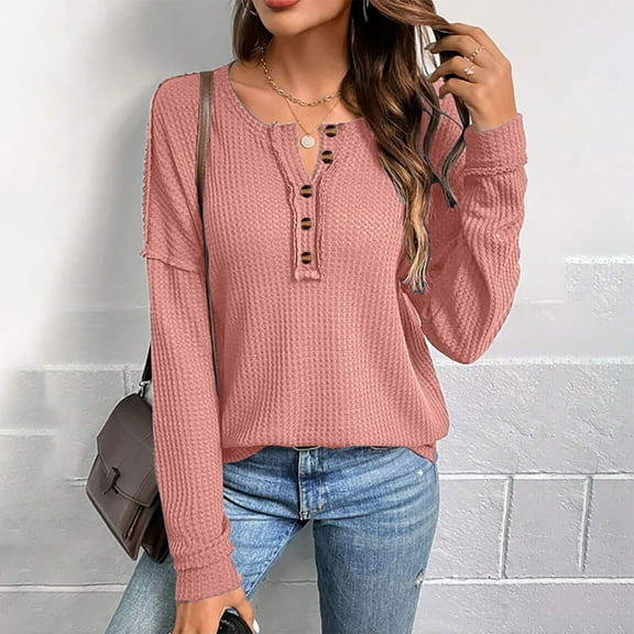 CQONEPT Womens Long Sleeve Pullover Waffle Button Tops Comfy Dressy Casual V Neck Fall Tunic Tops Pink M