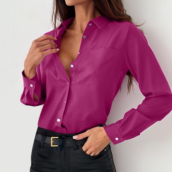 CQONEPT Womens Long Sleeve Shirts Button Down Tunic Tops Lapel Neck Blouse Business Casual Classic Fit Shirts Hot Pink M