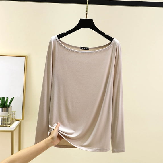 CQONEPT Womens Long Sleeve Shirts Fall Winter Crewneck Blouse Skinny Comfy Undershitr Casual Plain Tunic Tops Beige M