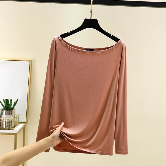 CQONEPT Womens Long Sleeve Shirts Fall Winter Crewneck Blouse Skinny Comfy Undershitr Casual Plain Tunic Tops Khaki XL