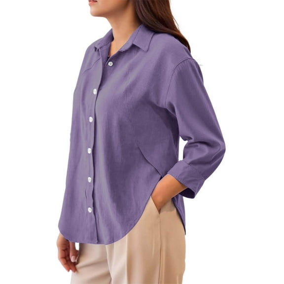 CQONEPT Womens Long Sleeve Shirts Lapel Neck Button Down Blouse Classic fit Lightweight Tunic Tops Purple M