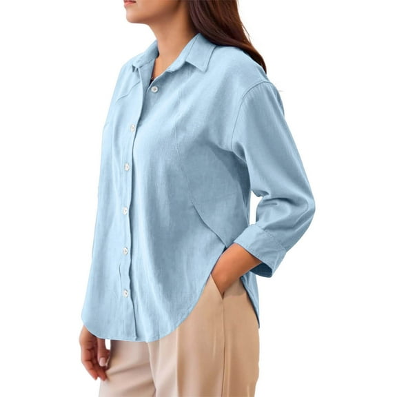 CQONEPT Womens Long Sleeve Shirts Lapel Neck Button Down Blouse Classic fit Lightweight Tunic Tops Sky Blue M