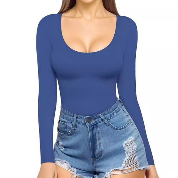 CQONEPT Womens Long Sleeve Shirts Scoop Neck Compression Undershitrts Lightweight Tops Athletic Tunic Blue XL