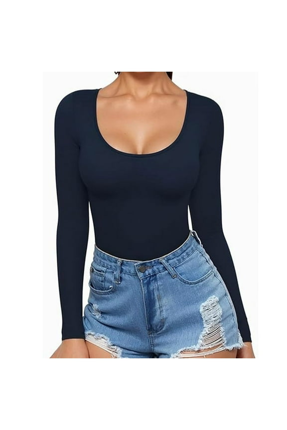 Womens Long Sleeve Shirts Scoop Neck Compression Undershitrts Lightweight Tops Athletic Tunic Dark Blue 2XL