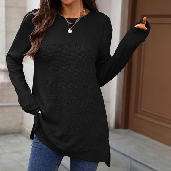 CQONEPT Womens Long Sleeve Sweater Fall Winter Crewneck Ribbed Pullover Side Slit Going Out Lounge Shirts Black L