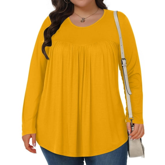 CQONEPT Womens Long Sleeve Tops Plus Size Pleated Tunic Tops Crewneck Loose Fit Casual Shirts Orange XXL