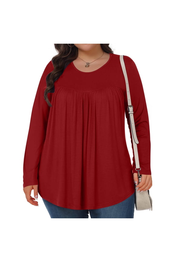 Womens Long Sleeve Tops Plus Size Pleated Tunic Tops Crewneck Loose Fit Casual Shirts Red XXL