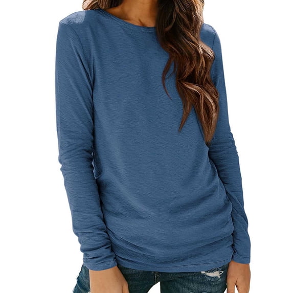 CQONEPT Womens Long Sleeve Tshirt Crewneck Casual Comfy Fall Shirts Lightweight Loose Fit Tunic Tops Dark Blue L