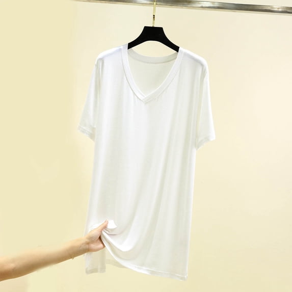 CQONEPT Womens Long T shirts V Neck Short Sleeve Tops Summer Casual Loose Fit Tunic Tee Shirts Soft Sleepwear Pajama White 2XL