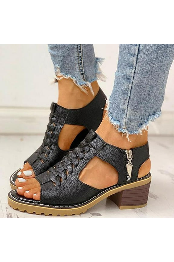 Womens Low Chunky Booties Peep Toe Heels Sandals Chunky Heel Ankle Boots Open Toe Booty V Cut Back Zipper Mid Heel Dress Pumps Shoes Size 7 Black