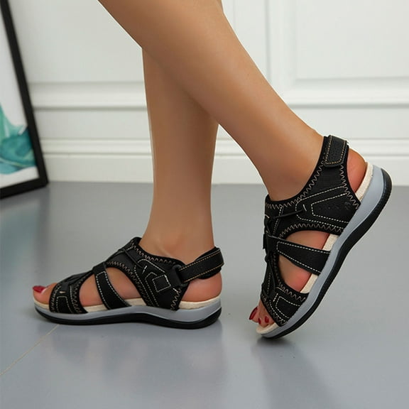 CQONEPT Womens Orthopedic Walking Sandals Sport Outdoor Hiking Water Sandals Thick Athletic Cushion Adjustable Strap Sandals with Comfortable Plantar Fasciitis Arch Support Size 9 Black