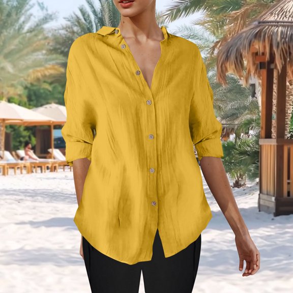 CQONEPT Womens Oversize Blouse Button Down 3/4 Sleeve Tops V Neck Solid Color Shirts Going Out Tunic Tops Yellow XL