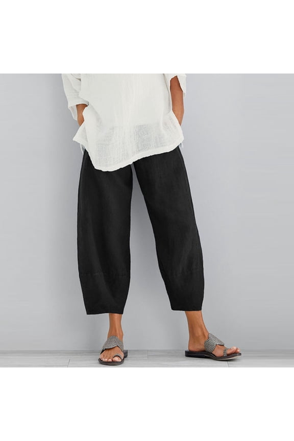 Womens Oversize Pants with Pockets Wide Leg Baggy Casual Slacks Pants Summer Outdoor Cotton Linen Pant Black L