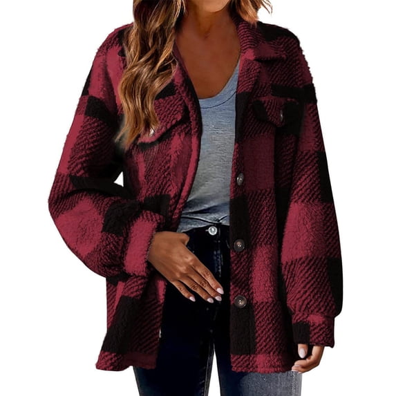 CQONEPT Womens Oversize Shacket Rain Jacket Long Sleeve Plaid Shirts Jacket Coats Fleece Overcoat Button Down Jackets Red 3XL
