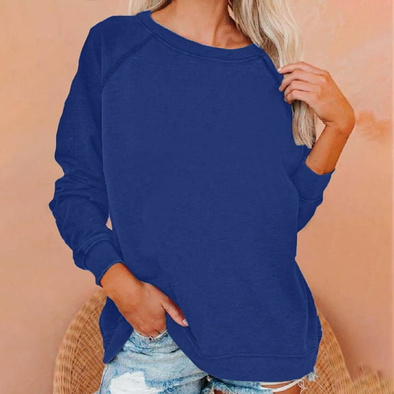 CQONEPT Womens Oversize Sweatshirts Dressy Casual Pullover Tops Drop Shoulder Plain Tunic Tops Long Sleeve Clothes Blue L