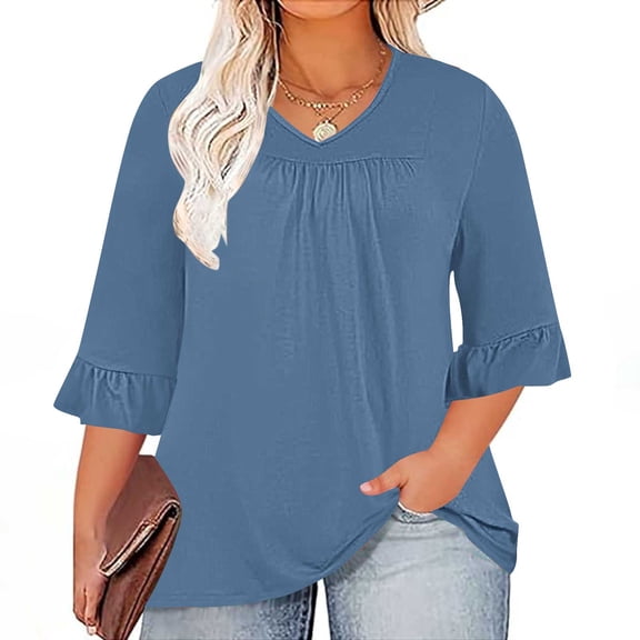 CQONEPT Womens Oversize Tops Crewneck 3/4 Sleeve Shirts Casual Loose Fit Blouse Solid Color Outdoor Pullover Navy 4XL