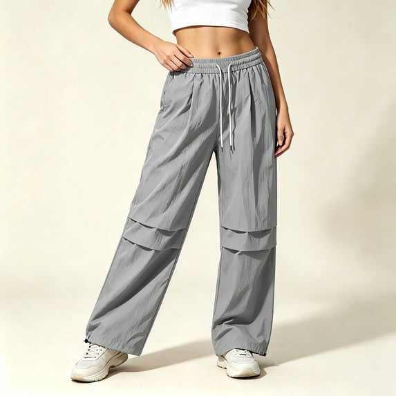 CQONEPT Womens Parachute Pants Wide Leg Baggy Pants Quick Dry Y2K Elastic Waist Streetwear Outdoor Jogger Track Pants Gray S