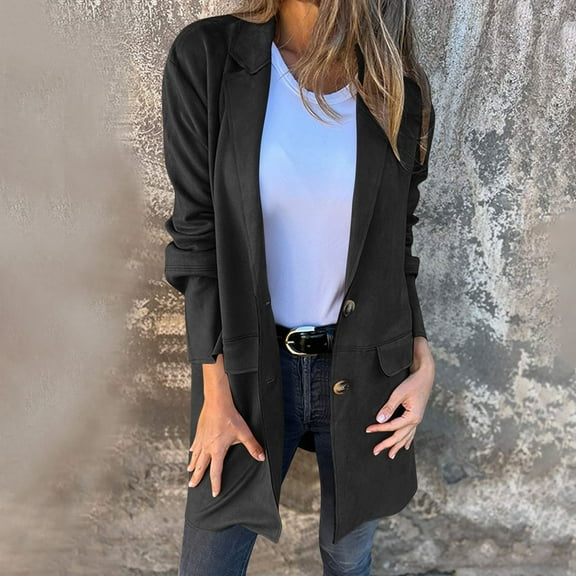 CQONEPT Womens Peacoat Notched Collar Long Trench Jacket Lounge Classic Fit Outerwear Double Breasted Coats with Pockets Black S