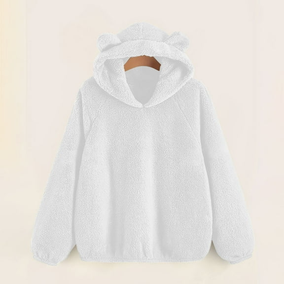 CQONEPT Womens Pj Sherpa Lined Home Wear Pullover Tops Cute Winter Outfit Lounge Hoodies Fluffy Pajama with Pockets White S