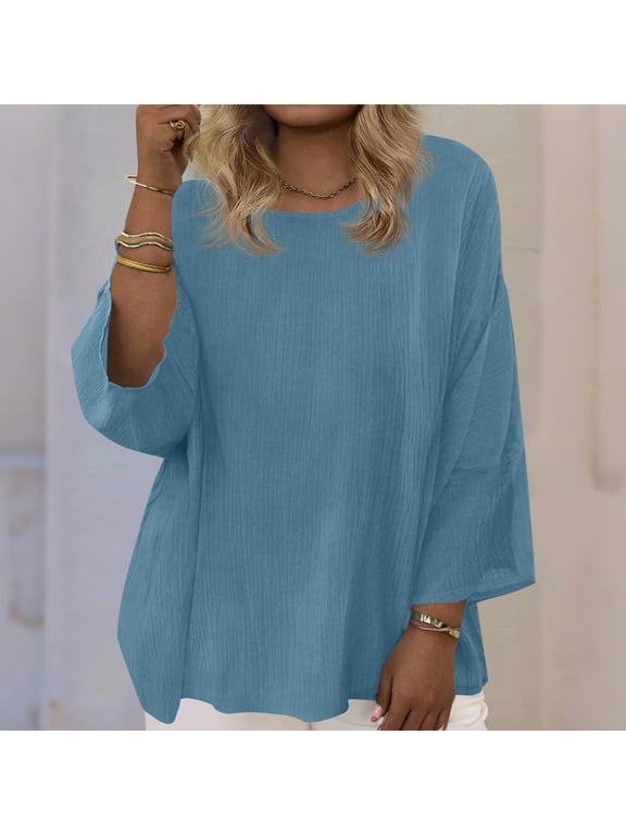 Womens Plus Size 3/4 Sleeve Shirt Dressy Casual Loose Fit Top Going Out Lightweight T Shirts Light Blue XXL