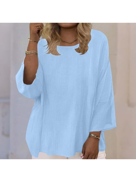 Womens Plus Size 3/4 Sleeve Shirt Dressy Casual Loose Fit Top Going Out Lightweight T Shirts Light Blue XXXXL