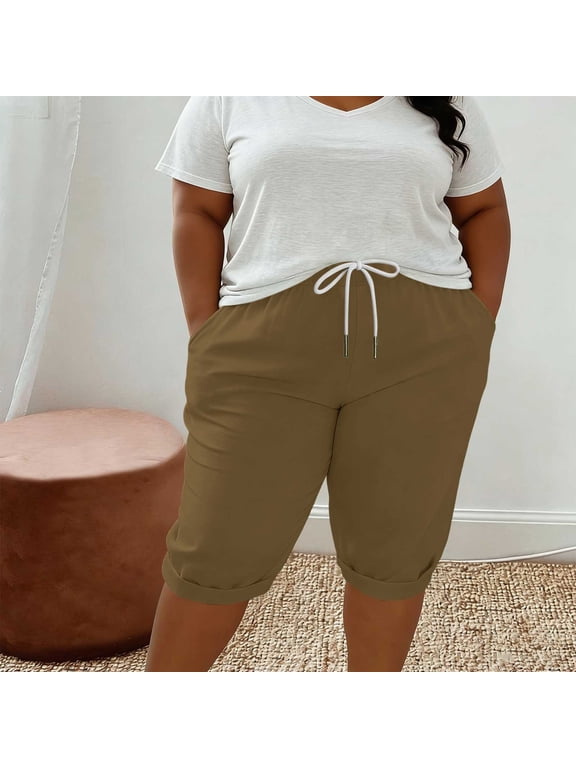 Womens Plus Size Capri Pants Cotton Athletic Drawstring Bermuda Shorts Knee Length Shorts Capris Joggers Brown 5XL
