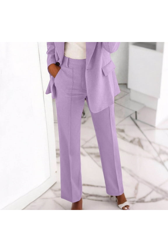 Womens Plus Size Dress Pants Business Straight Leg Pant Pull On Slacks for Work Loose Fit Trousers with Pockets Purple L
