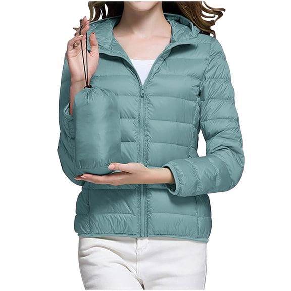 CQONEPT Womens Plus Size Hooded Down Coats Packable Full Zip Rain Jacket Cozy Warm Overcoat Lightweight Winter Clothes Light Blue 3XL