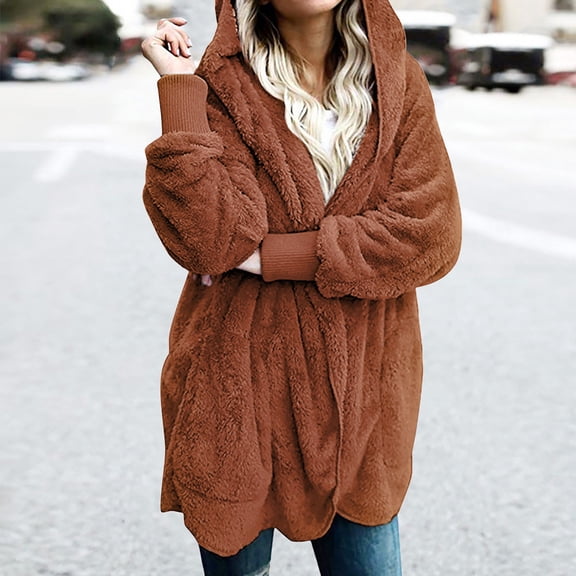 CQONEPT Womens Plus Size Hoodie for Womens Sherpa Fleece Fuzzy Cardigan Loose Fit Casual Overcoat Winter Outwear Coat Coffee L