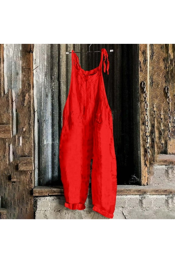 Womens Plus Size Romper Casual Loose Fit Bib Overall Y2K Fall Fashion Coveralls with Adjustable Strap Red M