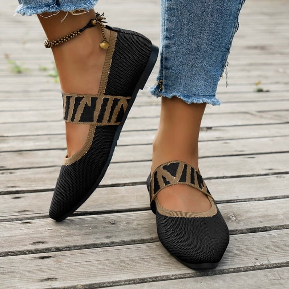 CQONEPT Womens Pointed Toe Flat Shoes Fashion Slip On Mesh Lightweight Casual Shoes Wide Toe Flats Ballet Walking Shoe with Strap Black 37