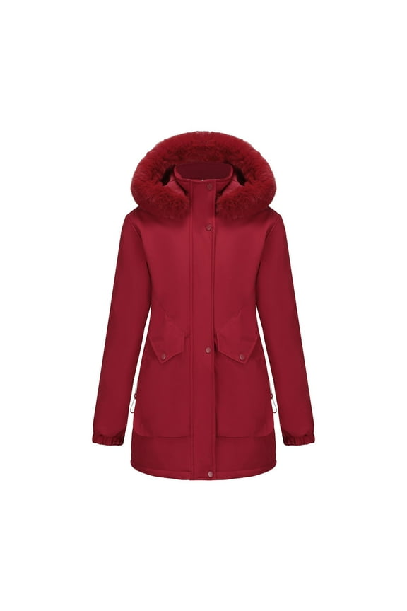 Womens Puff Padded Softshell Ski Coat Insulated Windbreaker Parka Waterproof Outdoor Hooded Jacket with Pockets Wine XL