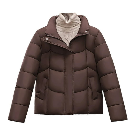 CQONEPT Womens Puffer Jacket Full Zip Up Down Coats Quilted Puff Casual Insulated Cozy Soft Outerwear with Pockets Coffee XL