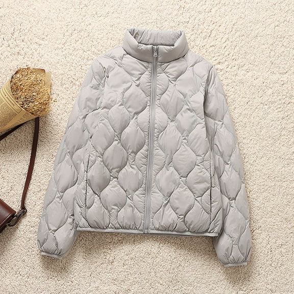 CQONEPT Womens Puffer Jacket Full Zip Up Overcoat Lightweight Lapel Neck Warm Casual own Coats Solid Outerwear Gray L