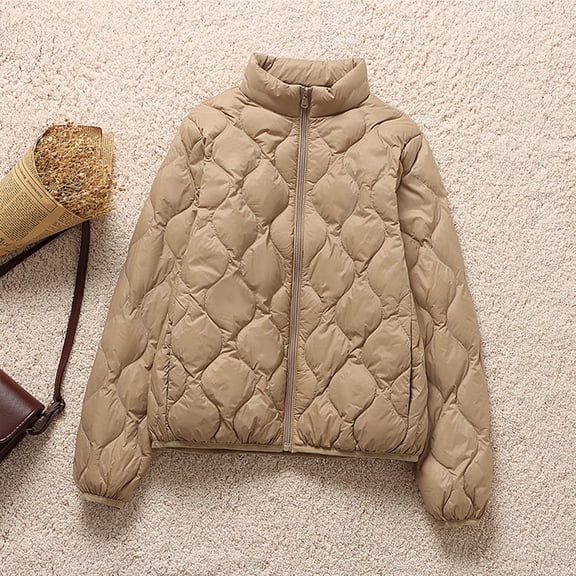 CQONEPT Womens Puffer Jacket Full Zip Up Overcoat Lightweight Lapel Neck Warm Casual own Coats Solid Outerwear Khaki M