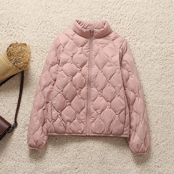 CQONEPT Womens Puffer Jacket Full Zip Up Overcoat Lightweight Lapel Neck Warm Casual own Coats Solid Outerwear Pink L