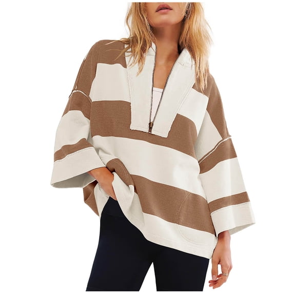 CQONEPT Womens Pullover Half Zip V Neck Sweatshirts Stripe Fashion Tunic Tops Outdoor Color Block Long Sleeve Shirts Khaki L