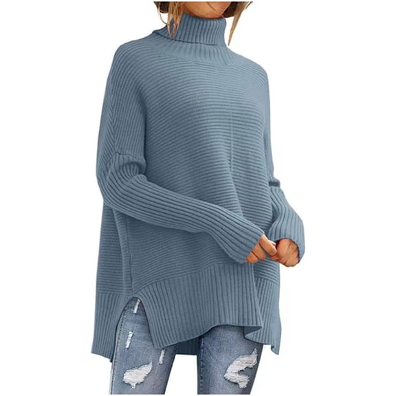 CQONEPT Womens Pullover Tops Turtleneck Chunky Sweaters Side Slit Casual Long Sleeve Tops Winter Clothing Light Blue S
