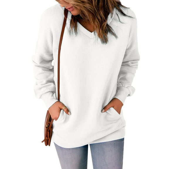 CQONEPT Womens Pullover V Neck Solid Sweatshirts Lounge Solid Color Long Sleeve Tops Cute Fall Winter Blouse White L